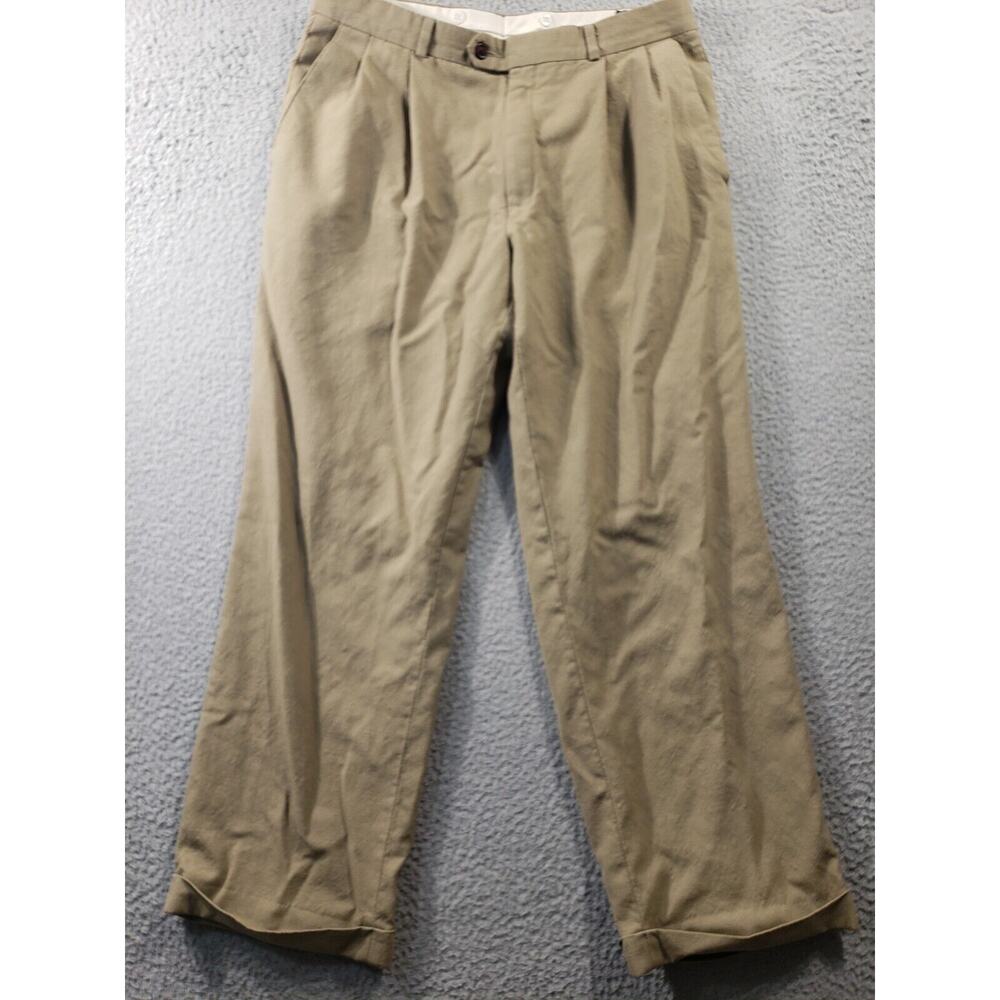 Chaps Ralph Lauren Pants Men's 34x28 Beige 100% Wool Pleated Straight Stretch 34